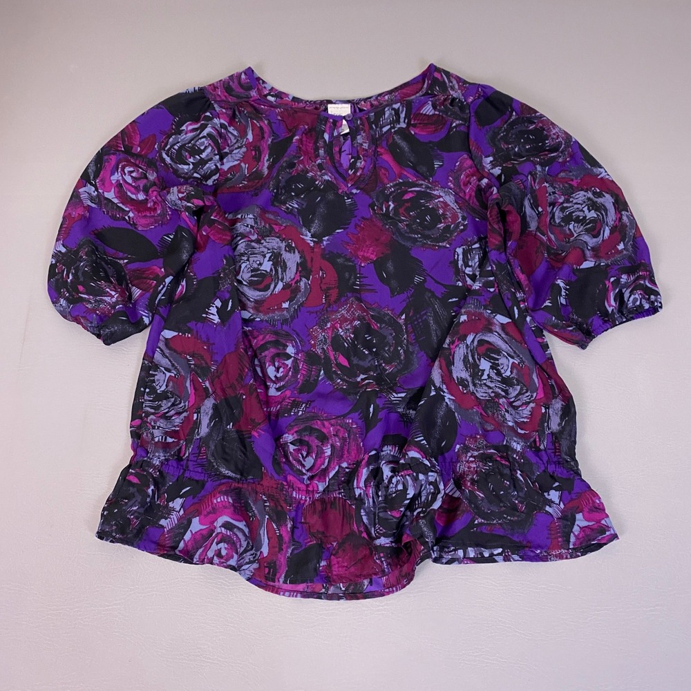Just‎ My Size JMS Blouse Plus 2X 18W 20W Purple Concord Floral Keyhole Peplum